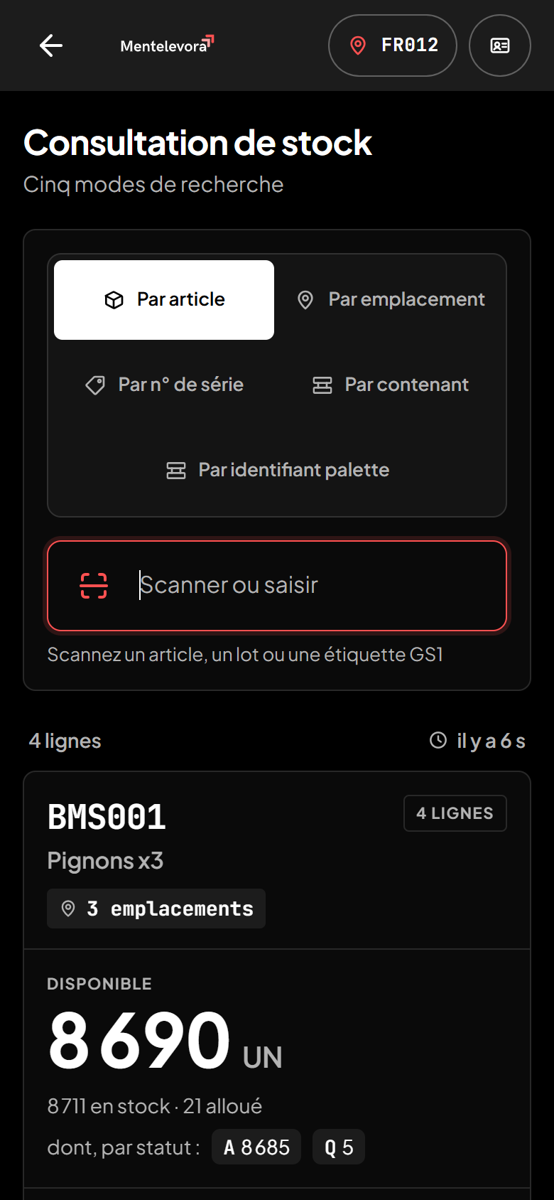 Consultation de stock en thème sombre