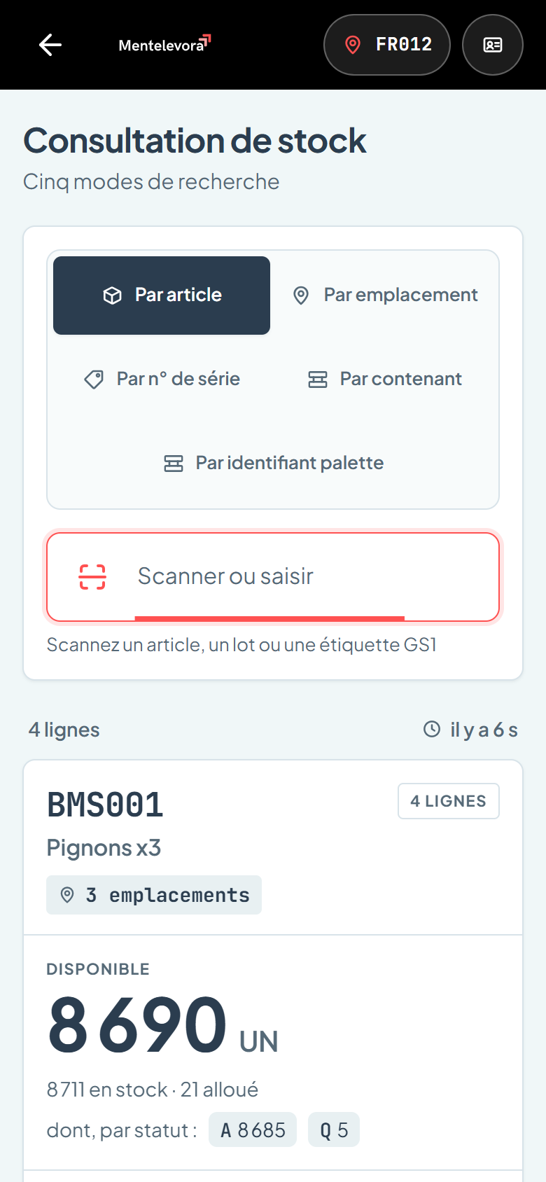 Consultation de stock : disponible, alloué et statuts d’un article